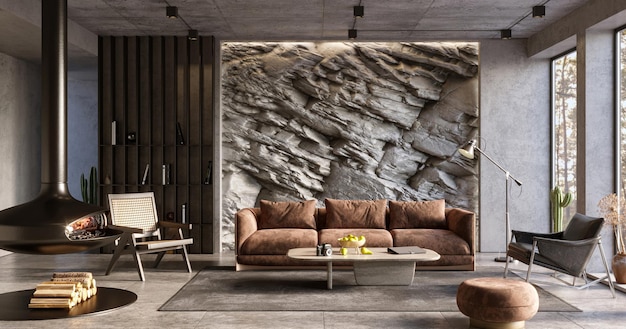 Naturalna górska ściana skalna w nowoczesnym wnętrzu salonu renderowania 3d