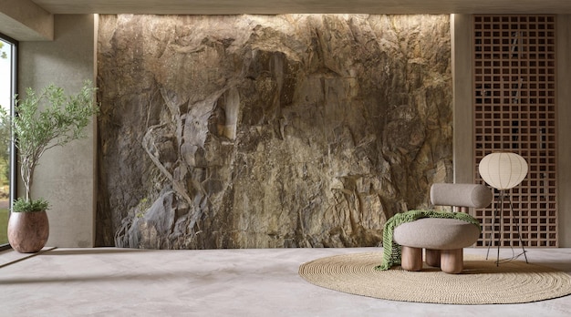 Zdjęcie naturalna górska ściana skalna w nowoczesnym wnętrzu salonu renderowania 3d