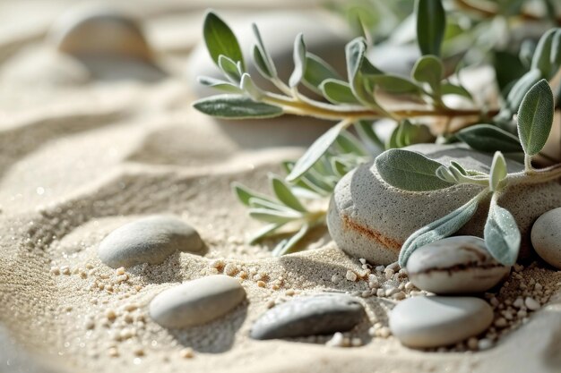 Zdjęcie naturalna harmony sage twig and pebble rocks on sand serene botanical background generowana przez ai