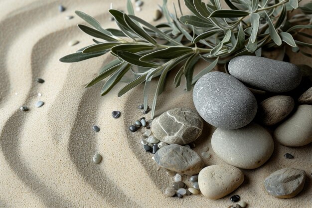 Zdjęcie naturalna harmony sage twig and pebble rocks on sand serene botanical background generowana przez ai