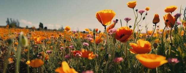 Naturalna i spokojna sceneria kolorowej łąki kwiatowej w pełnym rozkwicie