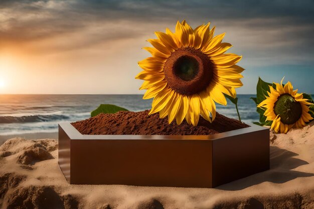 Naturalna kubiczna brązowa kompozycja plastikowa z słonecznikiem nad morzem