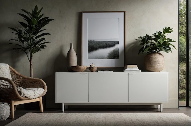 Naturalna prostota Biały sideboard w spokojnej przestrzeni