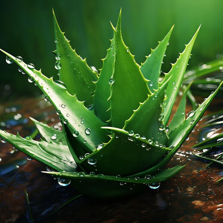 Zdjęcie naturalna, realistyczna roślina aloe vera w trawiastym zieleni