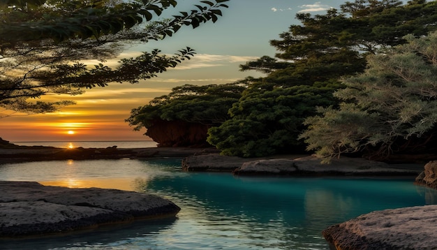 Zdjęcie naturalna spokojna scena zielony krzew niebieska woda zachód słońca naturalne oświetlenie 4k obraz ai obraz