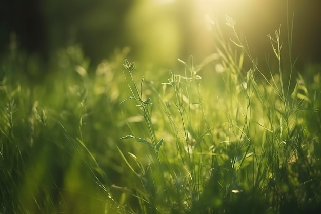 Naturalna zieleń niewyraźne wiosenne lato niewyraźne tło ze słońcem Soczysta młoda trawa i liście na naturze w promieniach światła słonecznego malownicza rama kopia przestrzeń