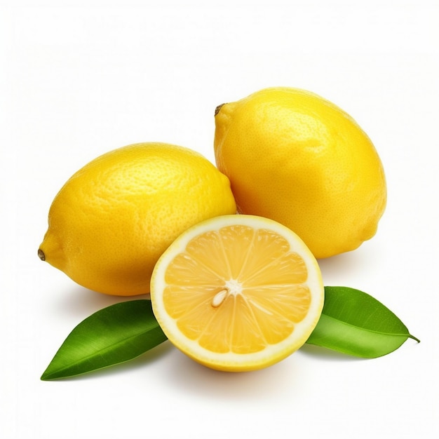 Naturalne owoce cytrynowe z pociętymi i zielonymi liśćmi izolowane na białym tle Owoc cytrynowy