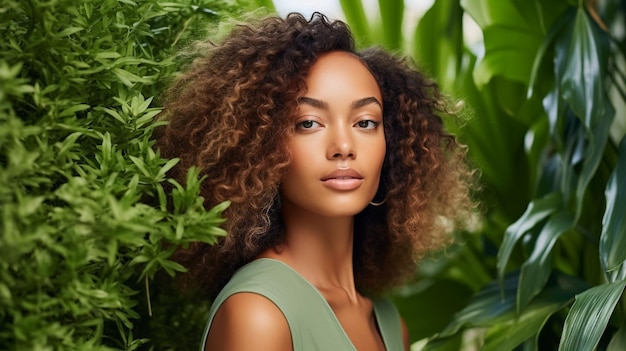 Naturalne składniki w pielęgnacji skóry piękna młoda kobieta z zielonymi roślinami Generative AI image