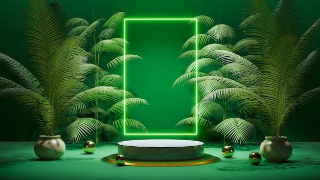 Naturalne tło marmurowe podium studio podłoga z zielonymi roślinami neon świecąca rama ilustracja 3D