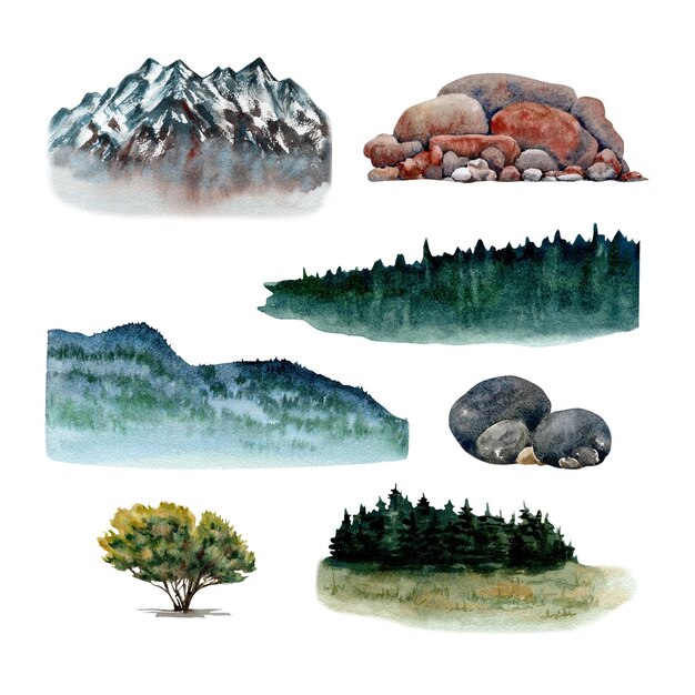 Zdjęcie naturalne tło mini zestaw górskie szczyty drzew skały elementy drzew ilustracja akwarelowa