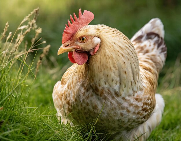 naturalne zachowanie kurczaka, gdy dziobie owady w bujną trawę, wykazując skomplikowane