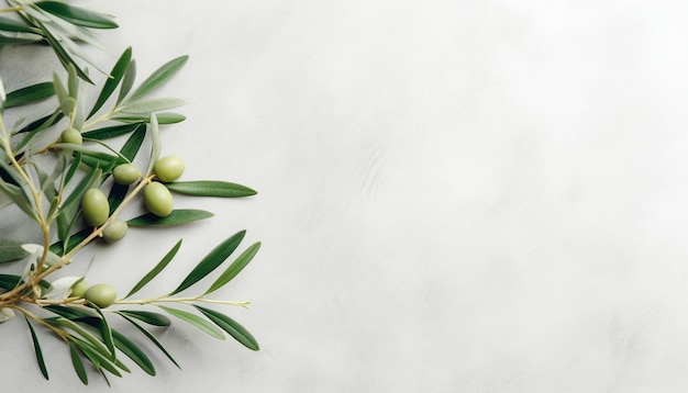 Naturalne zielone gałązki oliwne na pustym jasnoszarym tle