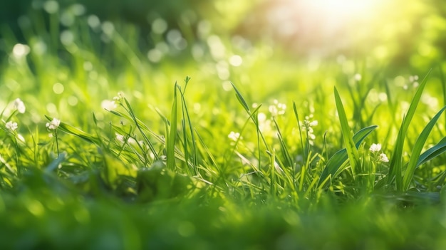 Naturalne zielone tło młodej soczystej trawy w świetle słonecznym z pięknym bokeh