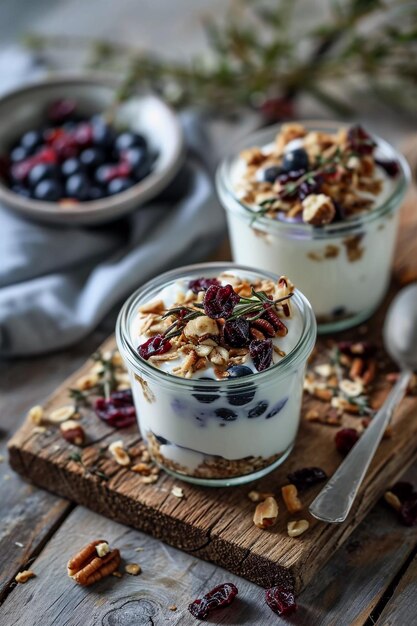Zdjęcie naturalny jogurt z owocami na zdrowe śniadanie