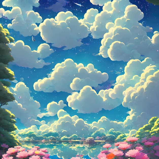 Naturalny krajobraz anime z jasnym niebem i soczystymi kolorami