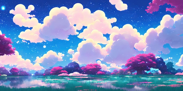 Naturalny krajobraz anime z jasnym niebem i soczystymi kolorami
