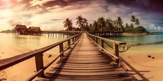 Naturalny krajobraz panoramiczny Zadziwiająca panorama piaszczysta tropikalna plaża z sylwetką palmy kokosowej w krystalicznie czystym morzu i krajobraz drewniany most poza horyzontem Palma i tropikalna Plaża