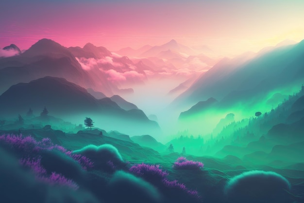Naturalny krajobraz z kolorową mgłą AI