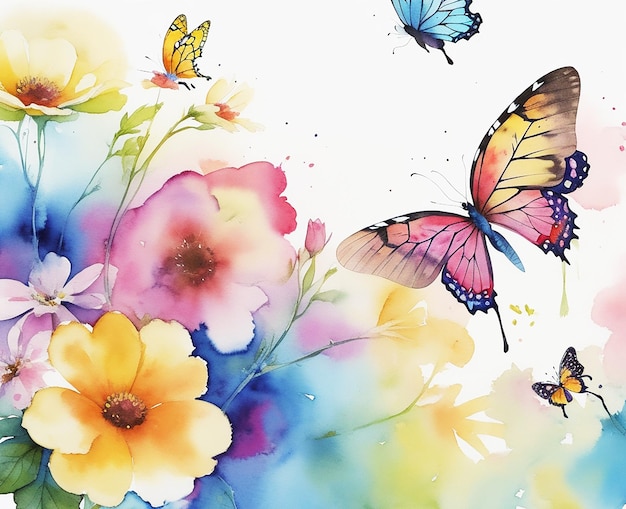 Naturalny niesamowity wielobarwny abstrakcyjny kwiat i motyl malowanie tła HD akwarelowy obraz