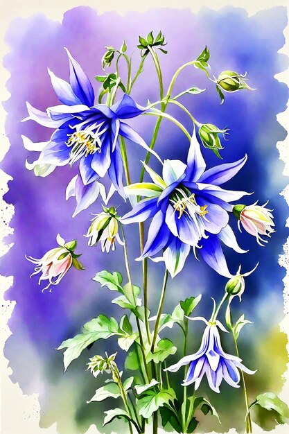 Naturalny niesamowity wielobarwny Aquilegia malowanie HD akwarelowy obraz