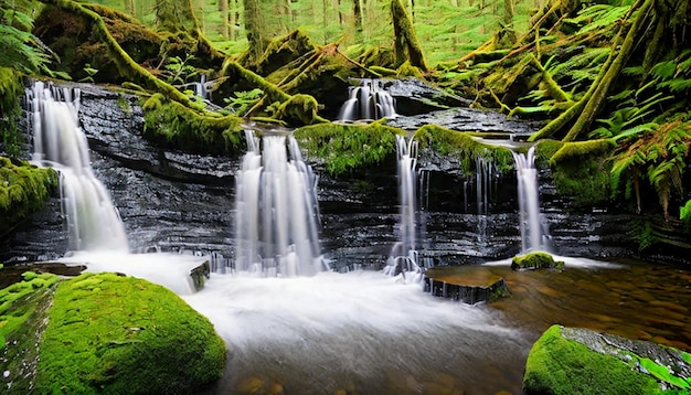 Naturalny obraz z wodospadem i wzgórzem