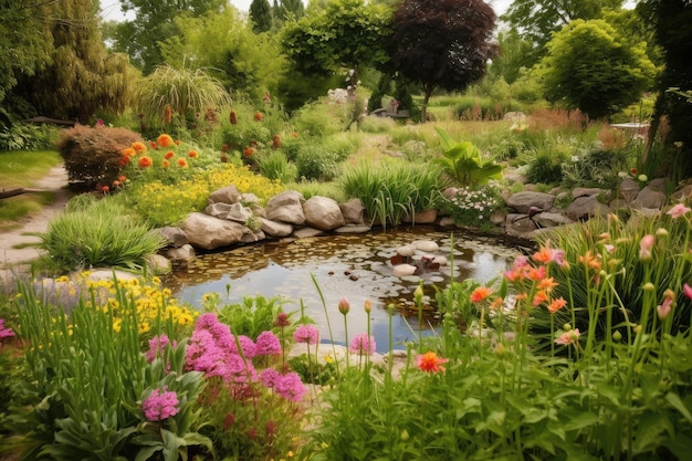 Naturalny ogród ze stawem i wodospadem otoczonym kwitnącymi kwiatami