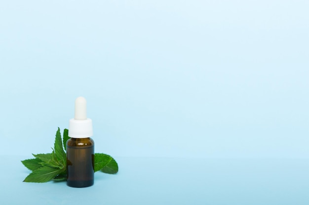 Naturalny olejek eteryczny z mięty w szklanej butelce kosmetyki organiczne z ekstraktami ziołowymi mięty na kolorowym tle