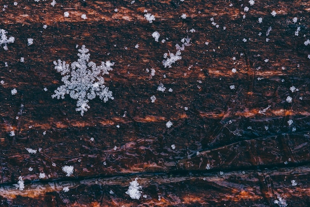 Naturalny płatek śniegu na brown drewnianym tle z przestrzenią dla teksta.