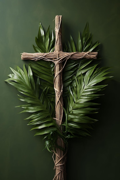 Naturalny Święty Krzyż wykonany ze splecionych gałęzi i zdobionego krzyża Niedzieli Palmowej Zdjęcie sztuki chrześcijańskiej