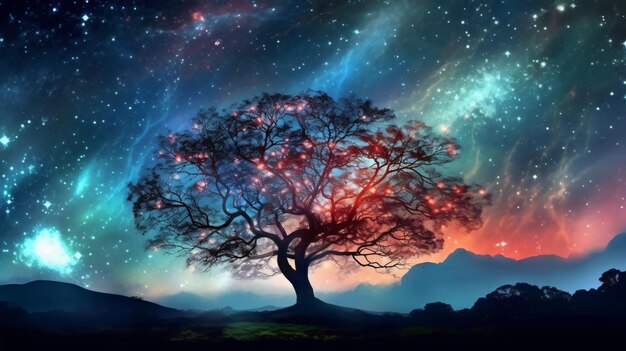 Nature's Nighttime Symphony Majestic Tree Silhouetted Against a Starry Sky Generativeai