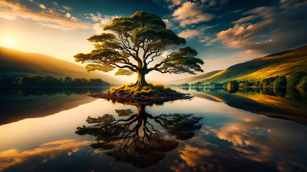 Natury spokoju uchwycone drzewa odbicie jeziora i wschód słońca