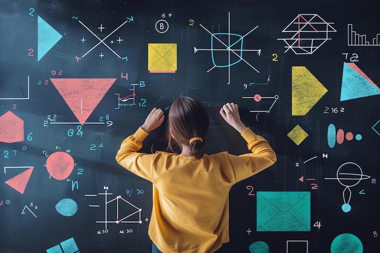 Zdjęcie nauczyciel matematyki wyjaśniający równania na tablicy otoczonej geometrycznymi kształtami i liczbami