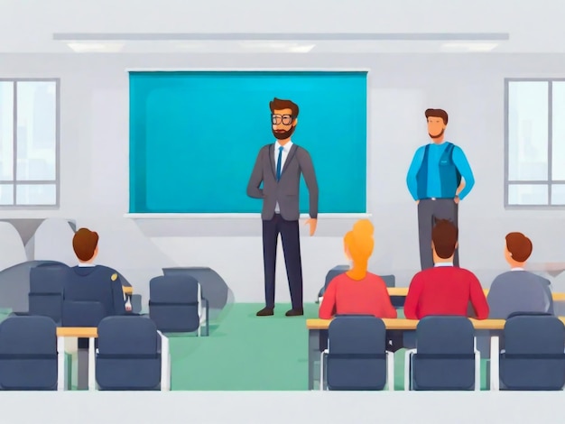 Nauczyciel Profesor stojący przed tablicą uczący uczniów w klasie Lekcja licealna Uniwersytetu Wyższej Szkoły Ilustracja wektora płaskiego