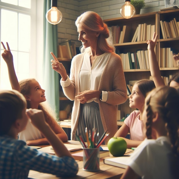 Zdjęcie nauczyciel wyjaśnia edukację uczniom