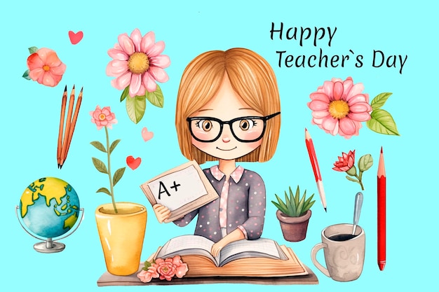 Zdjęcie nauczycielka szczęśliwego dnia nauczyciela szablon karty z pozdrowieniami koncepcja generatywna ai szkoły i nauki