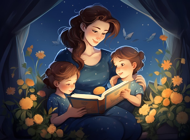 Nauczycielka uczy dziecko czytać, matka czyta dziecku ilustracje z książki.