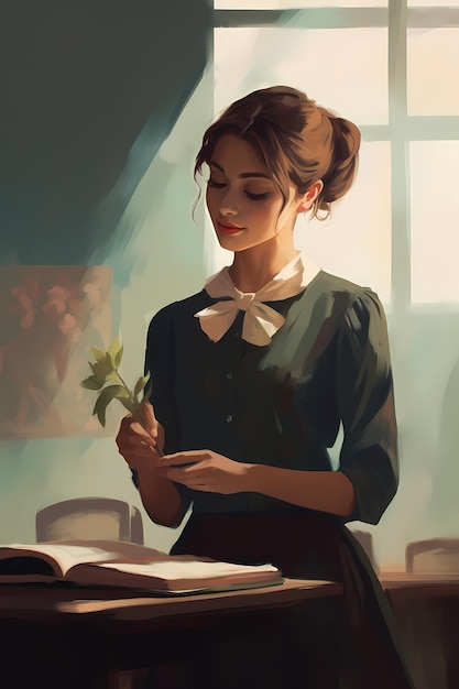 Nauczycielka w okularach, czytająca książkę i kwiaty