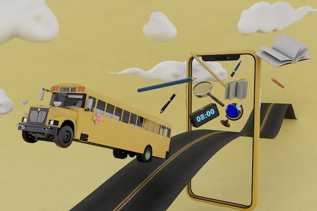 nauka online na smartfonie. autobus szkolny na drodze, wokół której szkolne rzeczy na żółtym tle