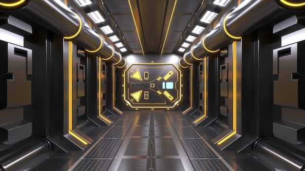 Nauki tła fikci pokoju sci-fi statku kosmicznego wewnętrznych korytarzy kolor żółty, 3D rendering