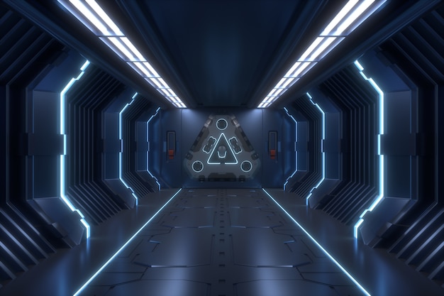 Zdjęcie nauki tła fikci renderingu sci-fi statku kosmicznego korytarzy błękita miastowy światło
