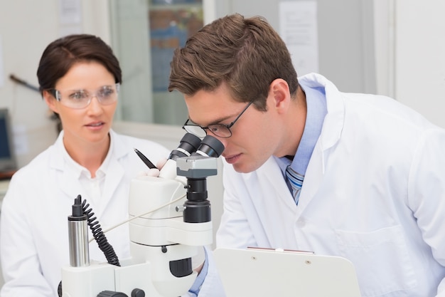 Naukowcy przyglądający się uważnie w mikroskopie