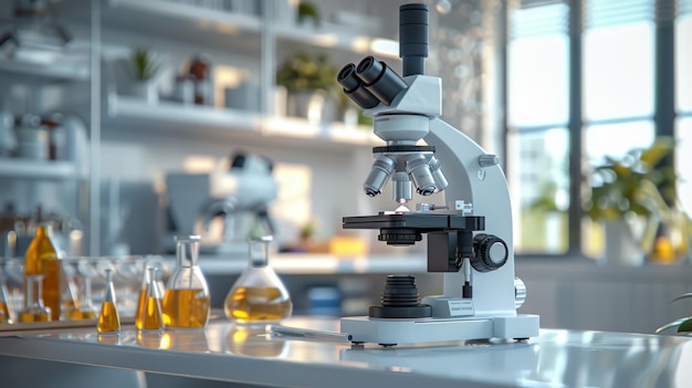Naukowcy używają mikroskopu i probówek w nowoczesnym laboratorium