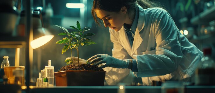 Naukowiec bada roślinę w laboratorium w nocy