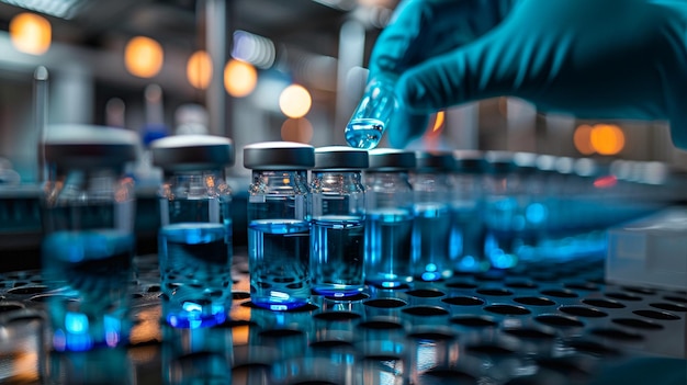 Naukowiec badający butelki w laboratorium chemicznym Nauka i przemysł farmaceutyczny