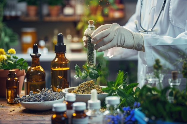 Zdjęcie naukowiec lub lekarz wytwarzający zioła medycyny alternatywnej w laboratorium