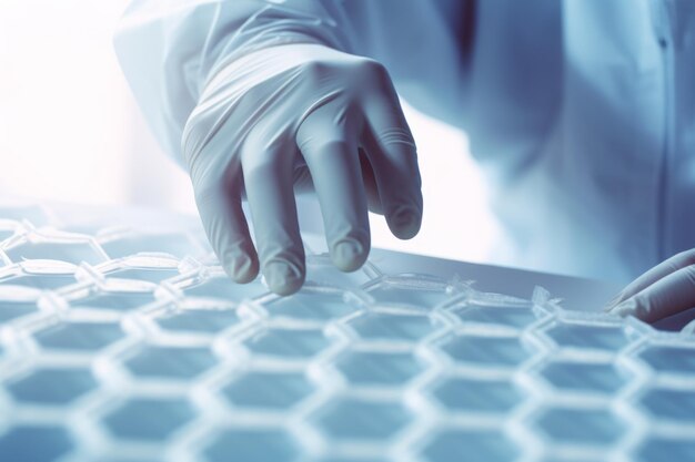 Naukowiec mężczyzna kobieta ręce rękawice medyczne nanotechnologia prowadzenie badań mikrobiologii włókien