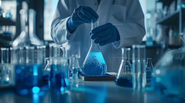 Naukowiec musi zawsze nosić sprzęt ochronny, taki jak rękawiczki lub szlafrok w laboratorium