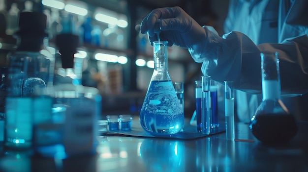Naukowiec musi zawsze nosić sprzęt ochronny, taki jak rękawiczki lub szlafrok w laboratorium