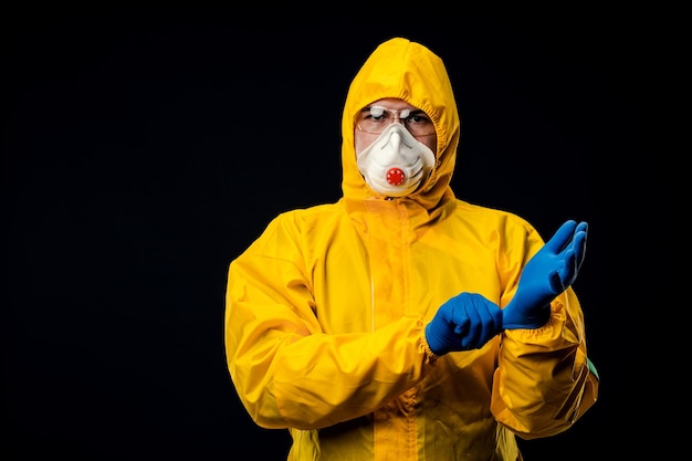 Naukowiec nosi żółty kombinezon do odkażania i nosi niebieskie gumowe rękawiczki, aby chronić skórę