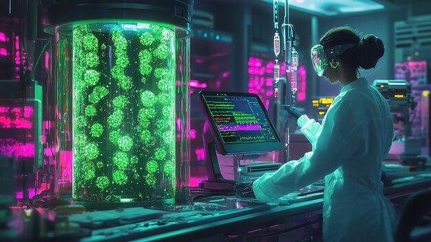 Naukowiec pracujący nad tabletem z ekranem z napisem "cyber"